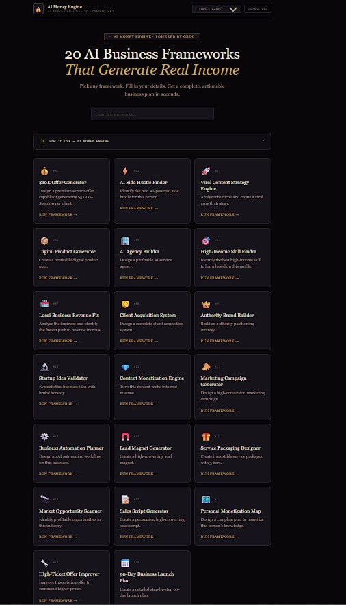 List of 20 AI business frameworks on a dark background