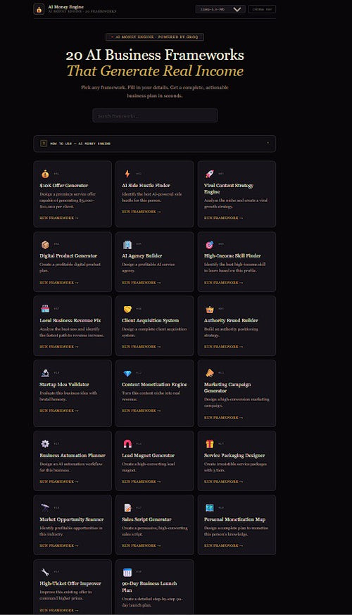 List of 20 AI business frameworks on a dark background